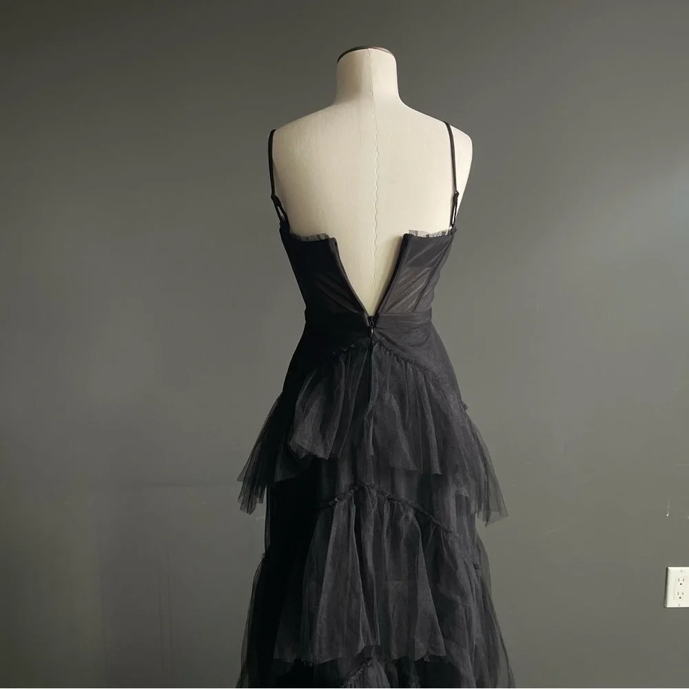 BCBGMaxAzria Black Tiered Tulle Maxi Dress – Sheer Mesh Bodice, Evening Gown - Picture 5 of 8
